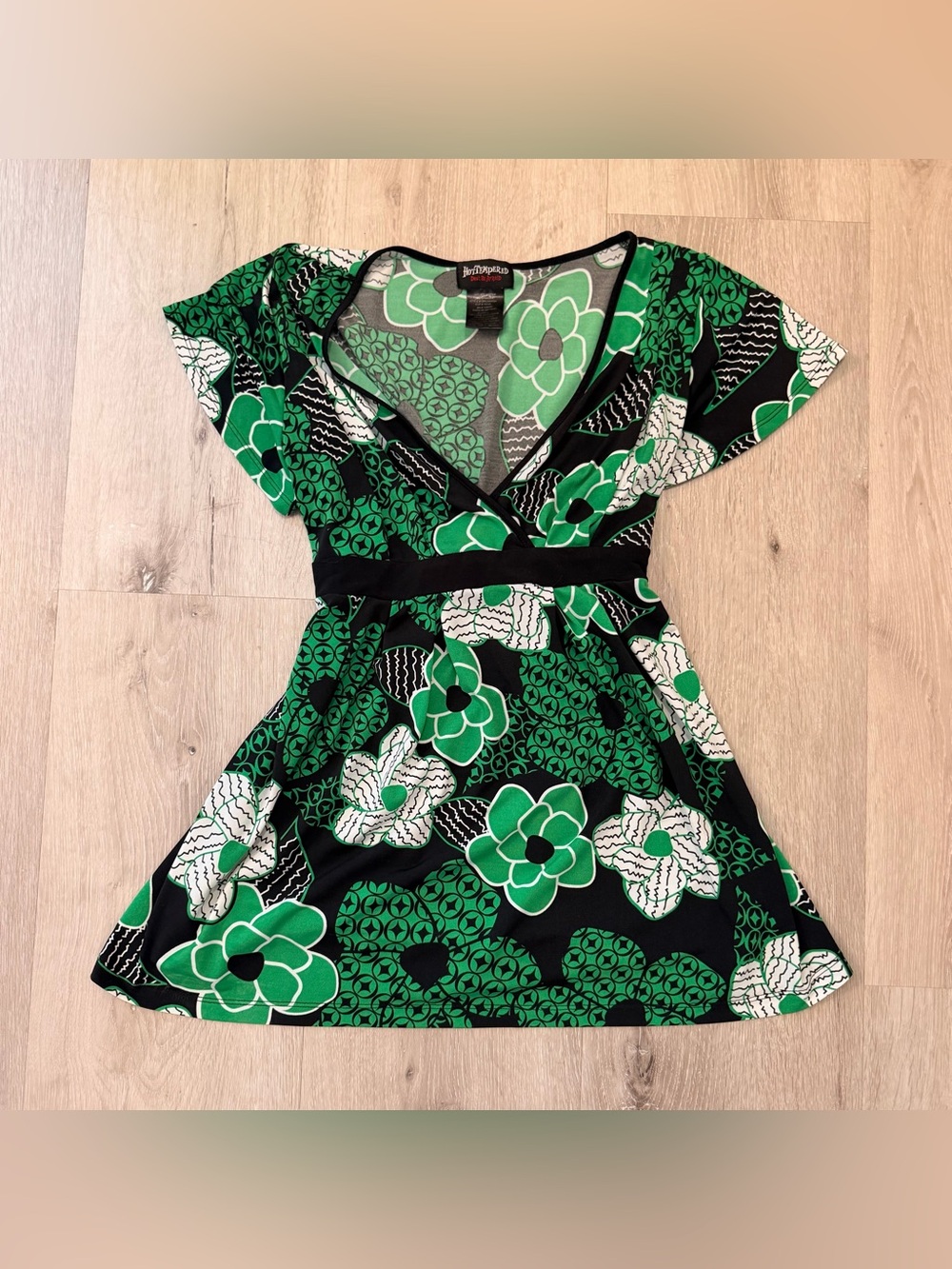VTG Y2K Hot Tempered Floral Babydoll Top Green Black